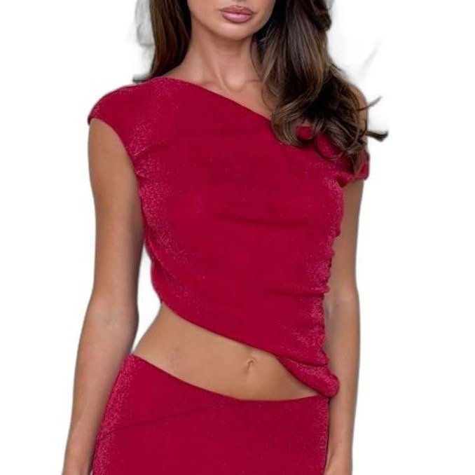 Nwt Tiger Mist Women Xs Top Glitter Cobi Off The-Shoulder Asymmetrical Hem Red